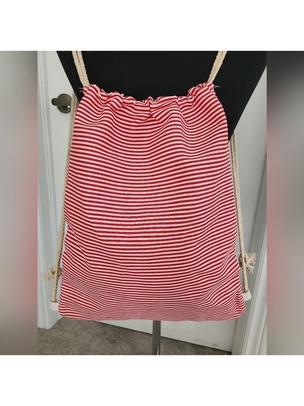 Trïbe Canvas & Rattan Nautical Red & White Striped Drawstring Backpack … - Picture 3 of 6